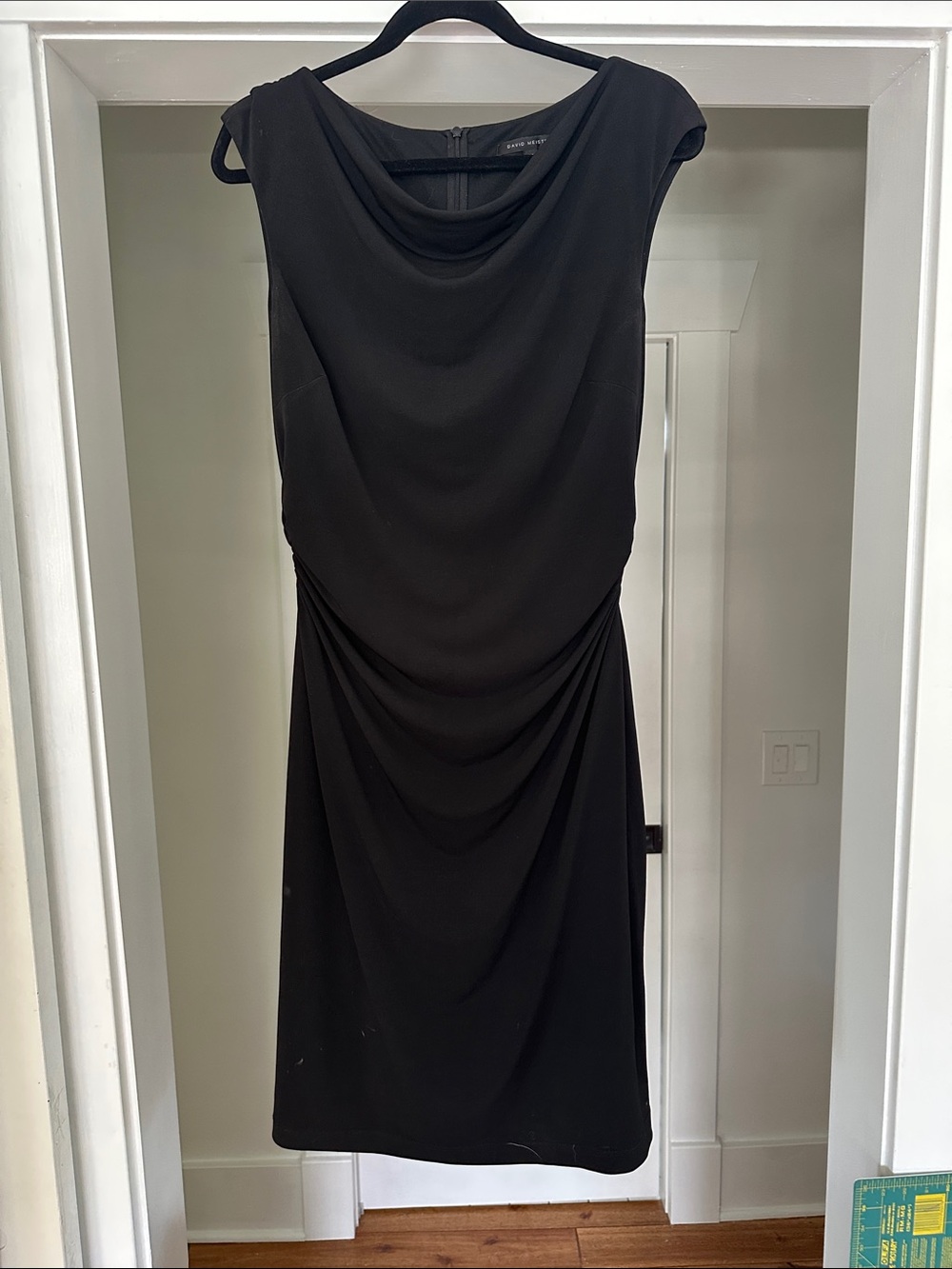 David Meister Black Draped Midi Dress with Cowl Neck